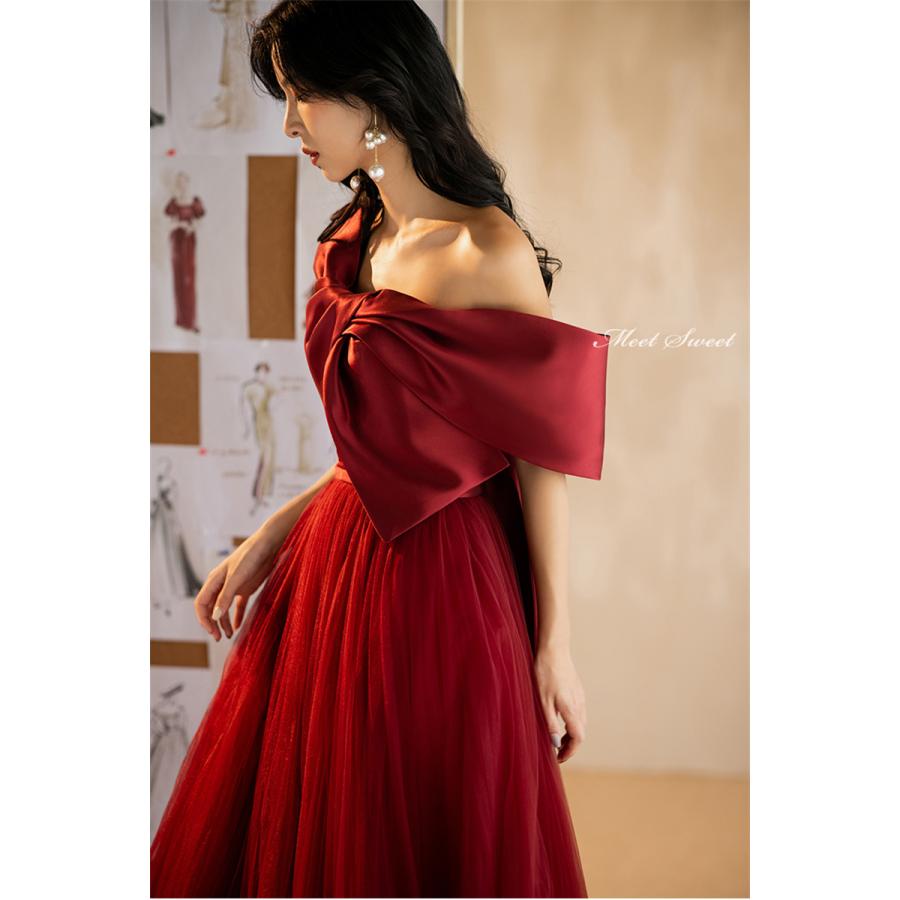 カラードレス 編み上げ ワインレッド リボン パーティードレス ロング