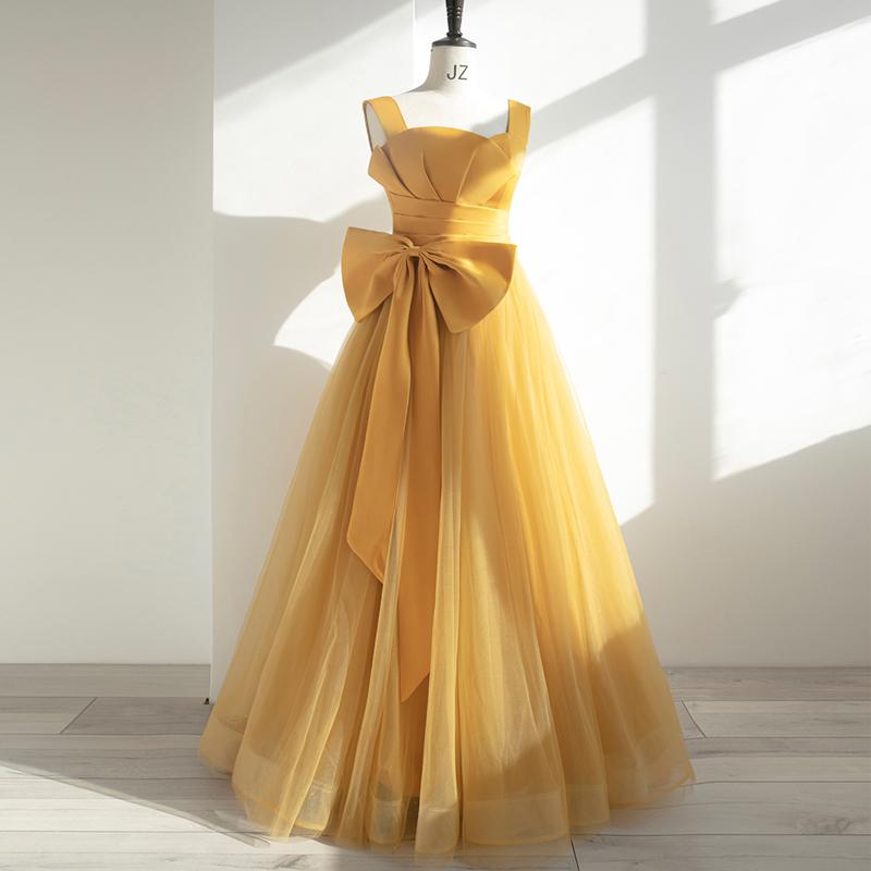 カラードレス 編み上げ イエロー 袖なし リボン 前撮り 黄色 ロング