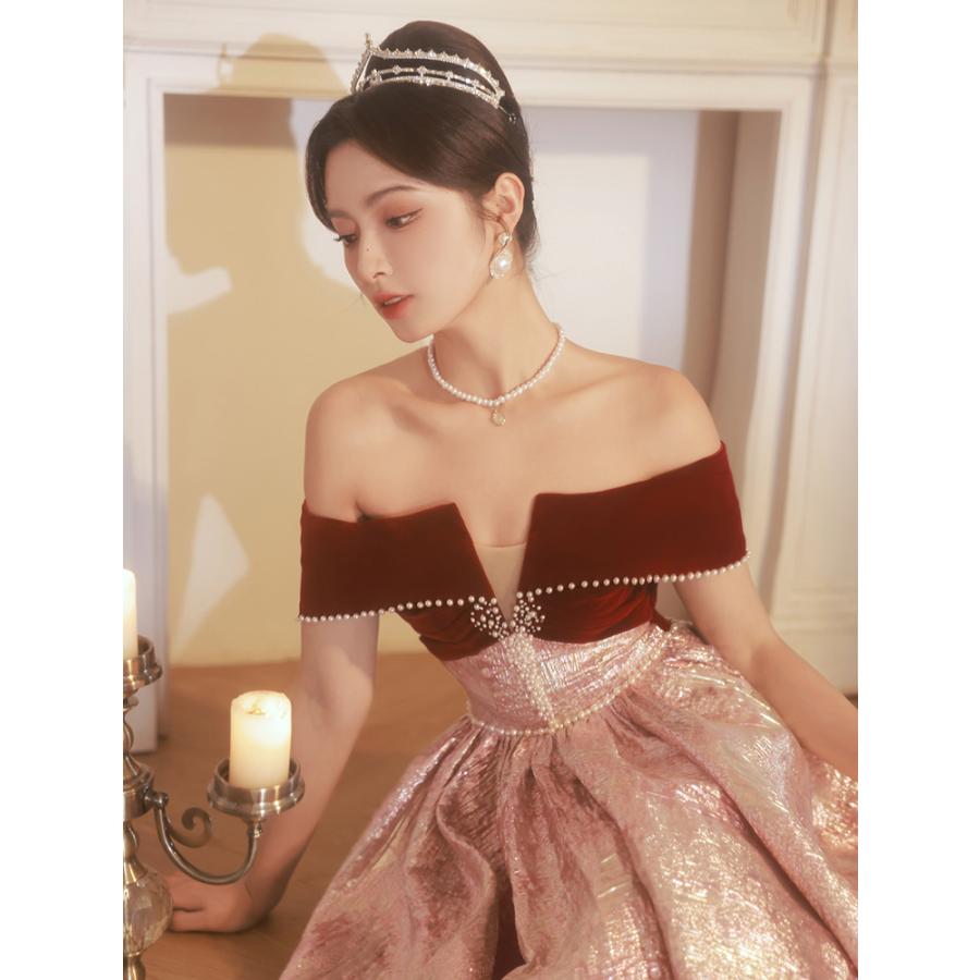 カラードレス 編み上げ レッド オフショルダー 前撮り 花嫁 ロングドレス 結婚式 二次会 発表会 演奏会 ウェディングドレス ウエディングドレス Aラインドレス_1