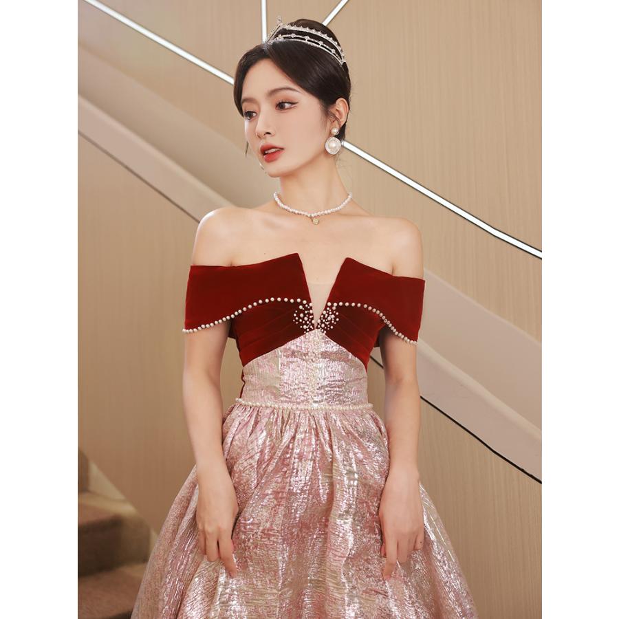 カラードレス 編み上げ レッド オフショルダー 前撮り 花嫁 ロングドレス 結婚式 二次会 発表会 演奏会 ウェディングドレス ウエディングドレス Aラインドレス_3