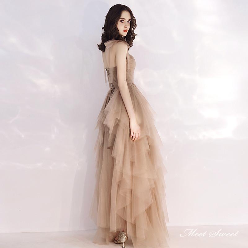 カラードレス 編み上げ フリル ブラウン パーティードレス ロング