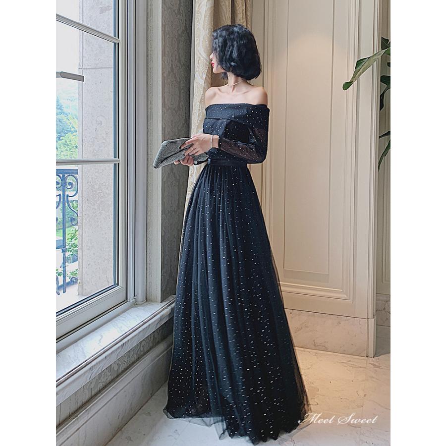 カラードレス ファスナー ブラック 長袖 パーティードレス ロング  