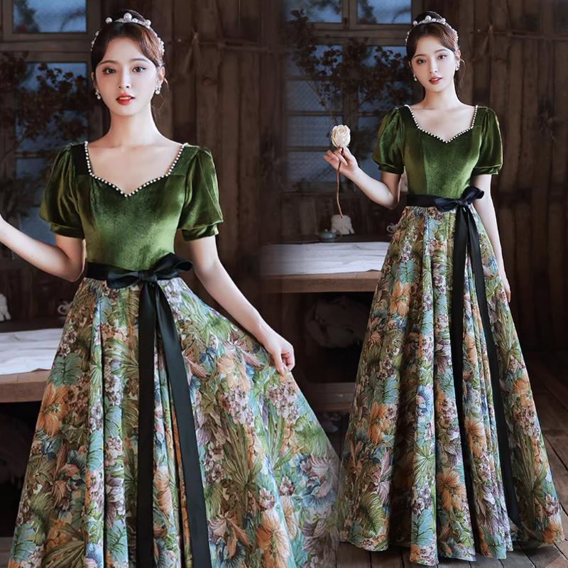 カラードレス 編み上げ グリーン 半袖 花柄 パーティードレス ロング