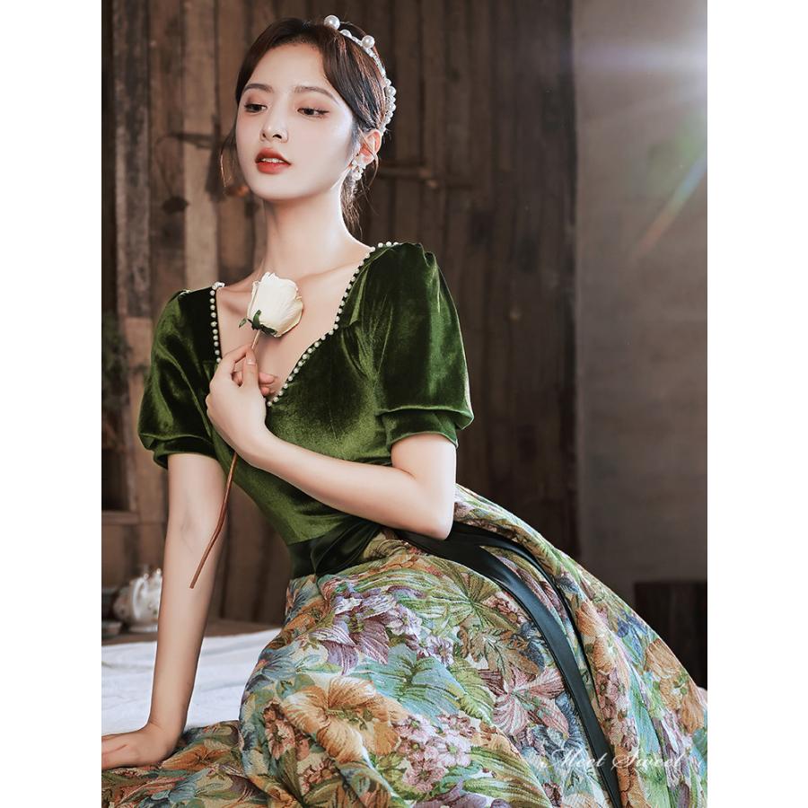 カラードレス 編み上げ グリーン 半袖 花柄 パーティードレス