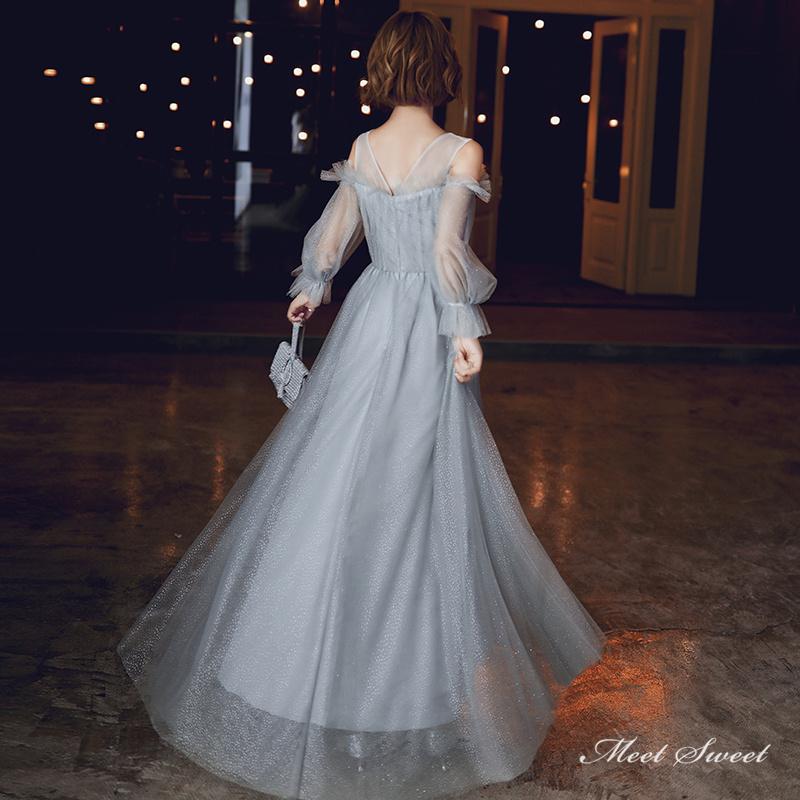 カラードレス ファスナー グレー パーティードレス ロングドレス 長袖  