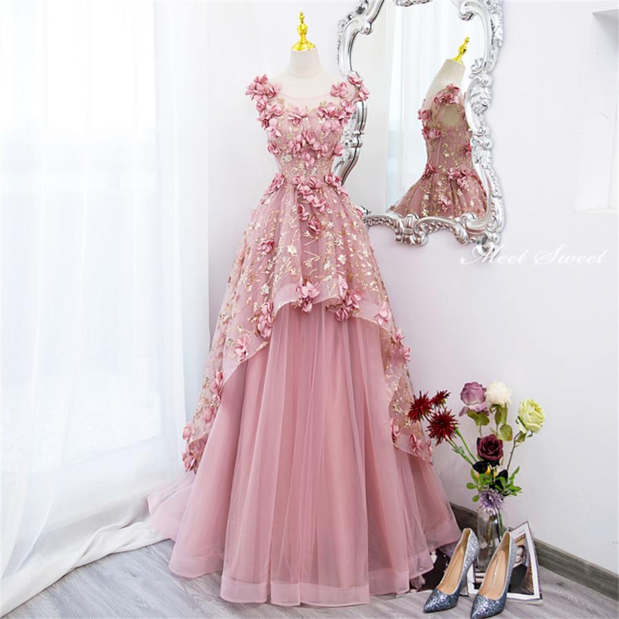 カラードレス 編み上げ ピンク フラワー ステージドレス ロングドレス