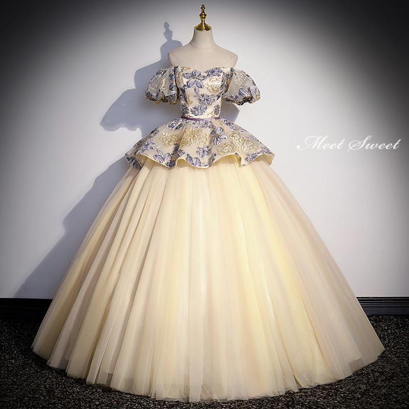 カラードレス 編み上げ シャンパン 花柄 ステージドレス ロング カラードレス 編み上げ シャンパン 花柄 ステージドレス ロング