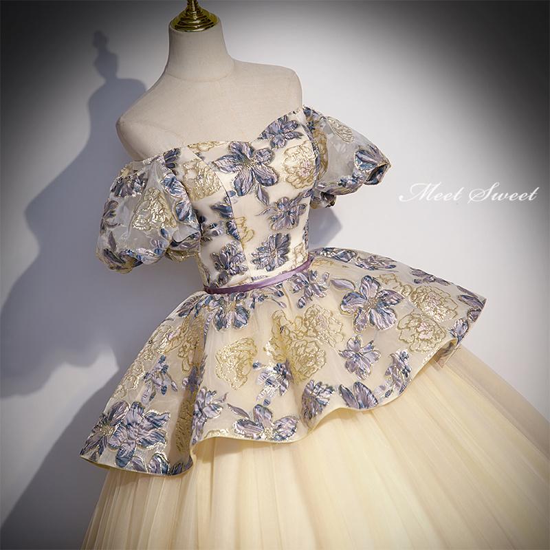 カラードレス 編み上げ シャンパン 花柄 ステージドレス ロングドレス