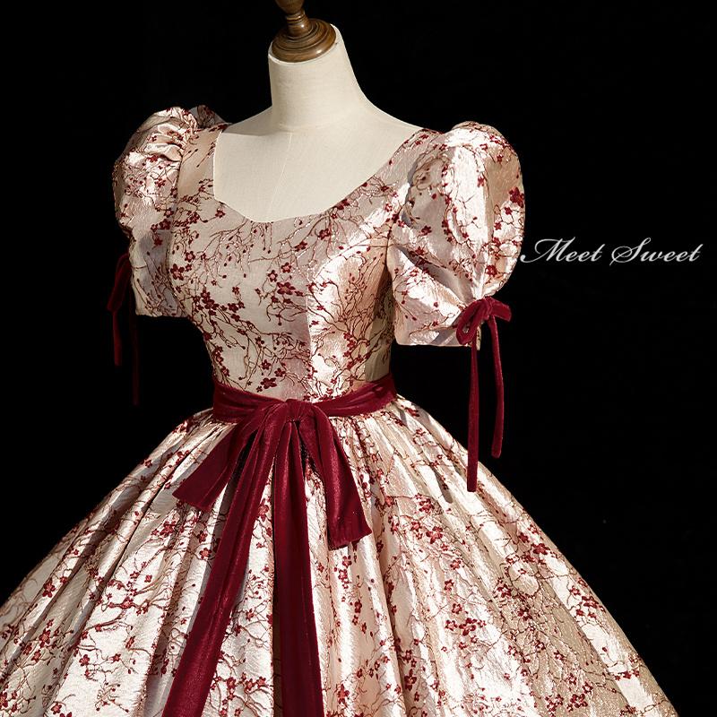 カラードレス 編み上げ レッド 花柄 ステージドレス ロングドレス 結婚