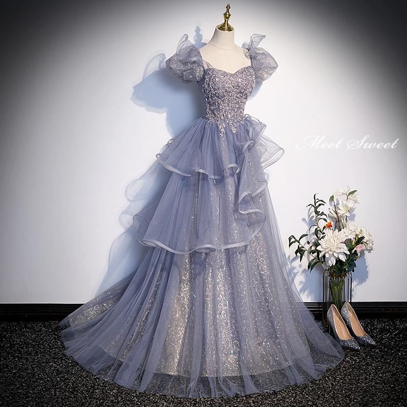 カラードレス 編み上げ パフスリーブ フリル ステージドレス ロングドレス 結婚式 二次会 発表会 演奏会 ウェディングドレス ウエディングドレス Aラインドレス_2