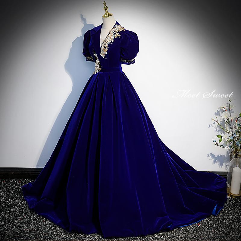 カラードレス ブルー ワインレッド グリーン ステージドレス ロングドレス 結婚式 二次会 発表会 演奏会 ウェディングドレス ベルベット 半袖 プリンセスドレス_4