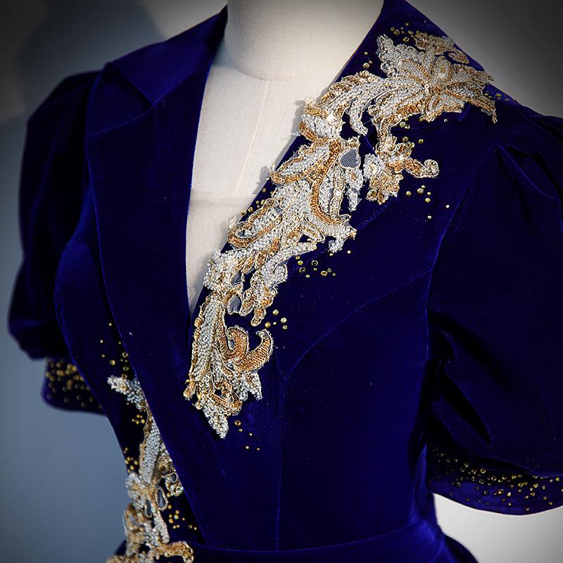 カラードレス ブルー ワインレッド グリーン ステージドレス ロングドレス 結婚式 二次会 発表会 演奏会 ウェディングドレス ベルベット 半袖 プリンセスドレス_5