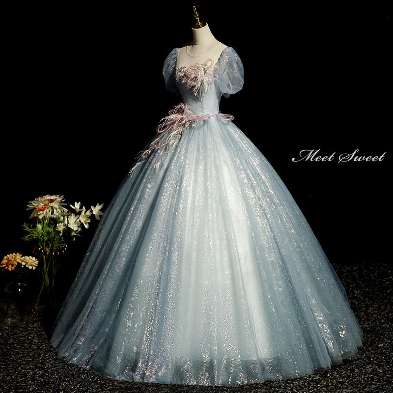 カラードレス 編み上げ グレーブルー 半袖 青 ロングドレス 結婚式