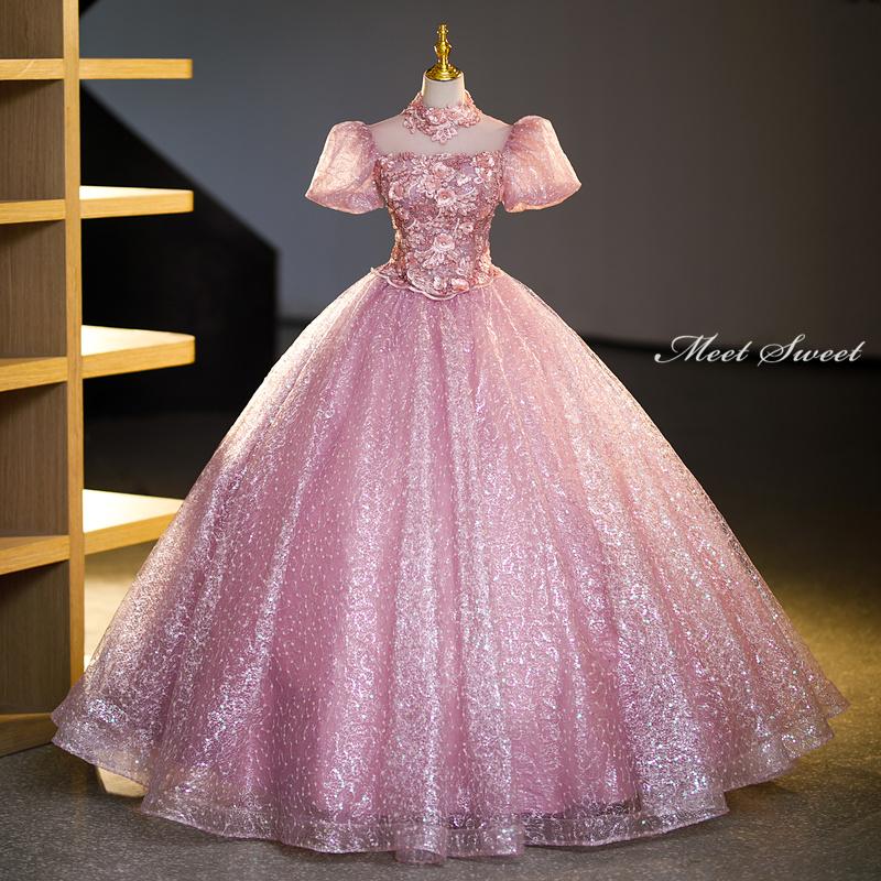 カラードレス 編み上げ ピンク パフスリーブ ロングドレス 結婚 カラードレス 編み上げ ピンク パフスリーブ ロングドレス 結婚
