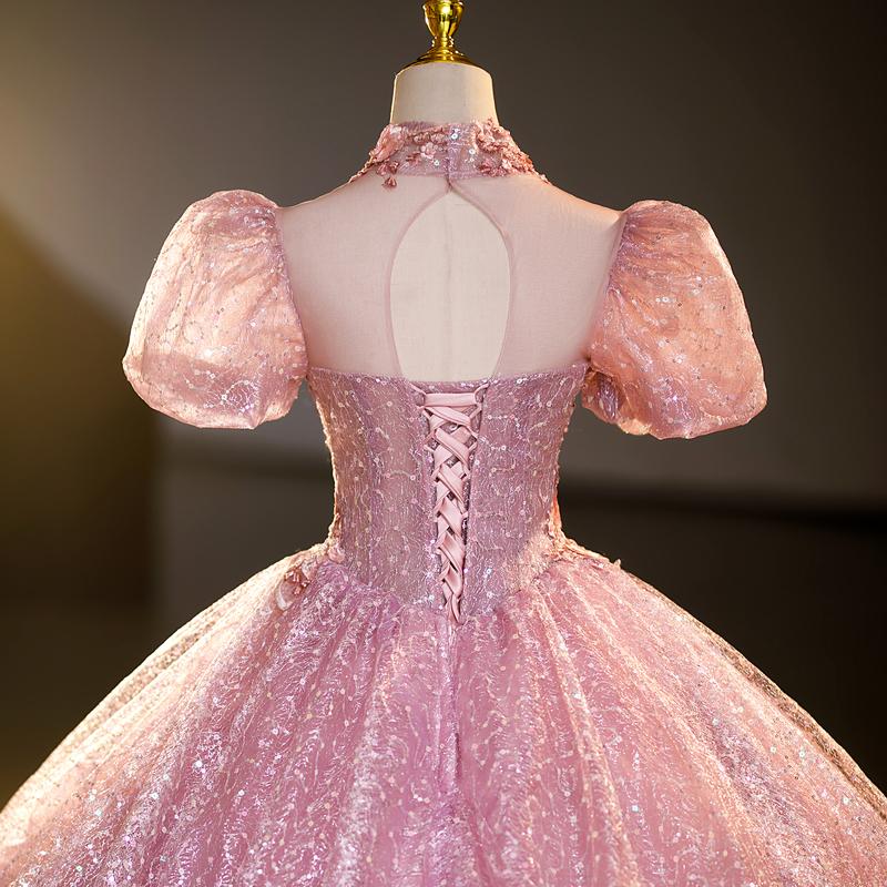 カラードレス 編み上げ ピンク パフスリーブ ロングドレス 結婚 カラードレス 編み上げ ピンク パフスリーブ ロングドレス 結婚