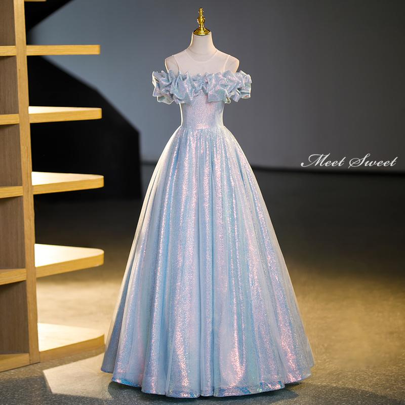 カラードレス 編み上げ ブルー ロングドレス 結婚式 二次会 発表会