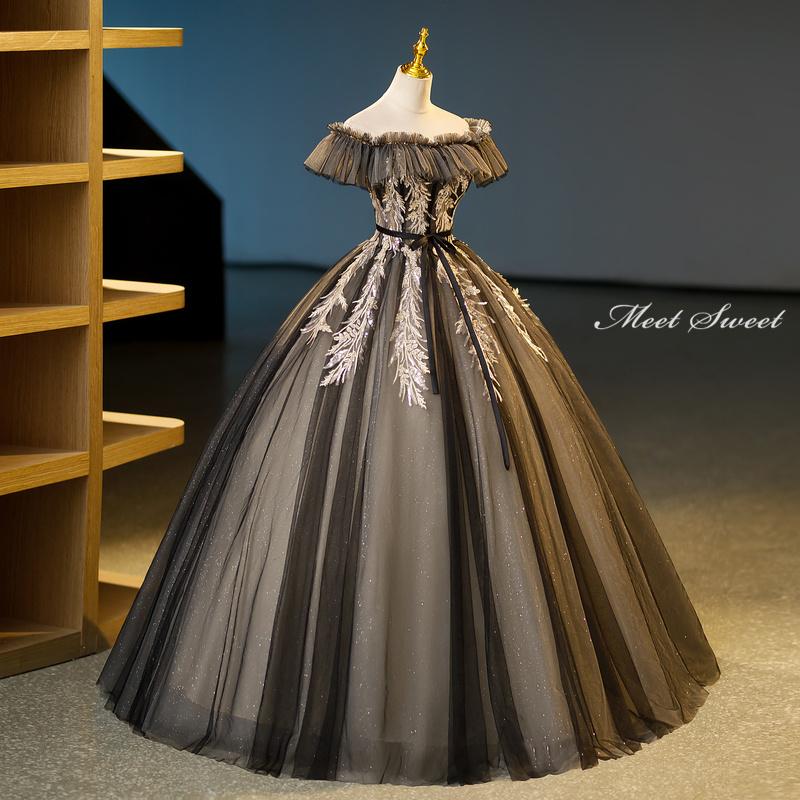 カラードレス 編み上げ ブラック オフショルダー ロングドレス 結婚式  