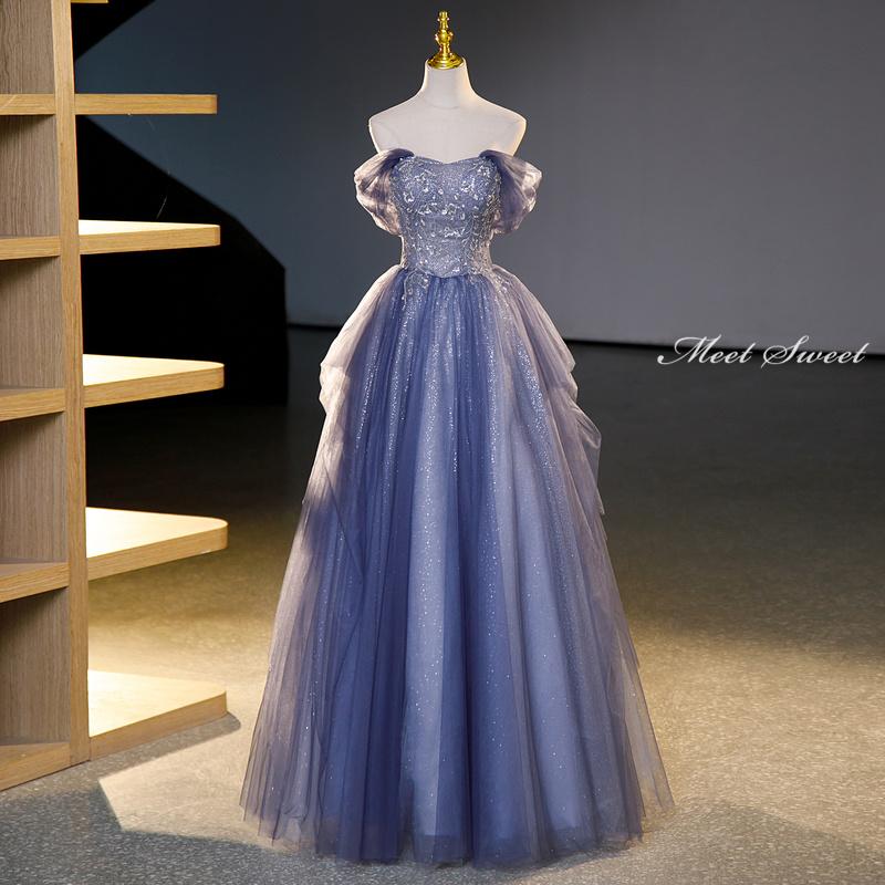 カラードレス 編み上げ ブルー ネイビー ロングドレス 結婚式 二次会