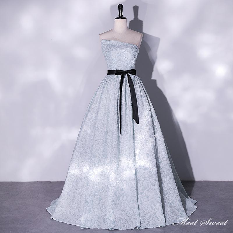 カラードレス 編み上げ ブルー ベアトップ 青 ロングドレス 結婚式  