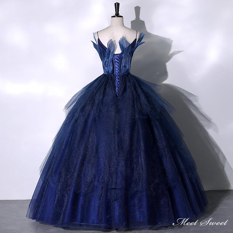 カラードレス 編み上げ ネイビー ビスチェ 青 ロングドレス 結婚