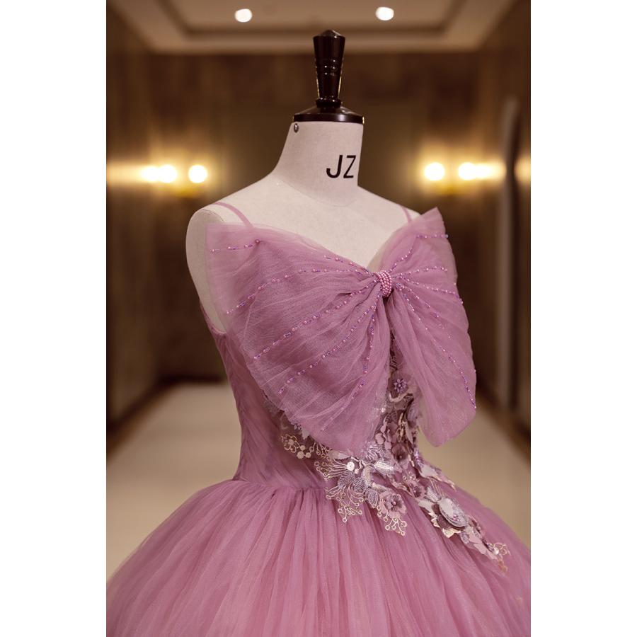 カラードレス 編み上げ ピンク リボン 袖なし ロングドレス 結婚式