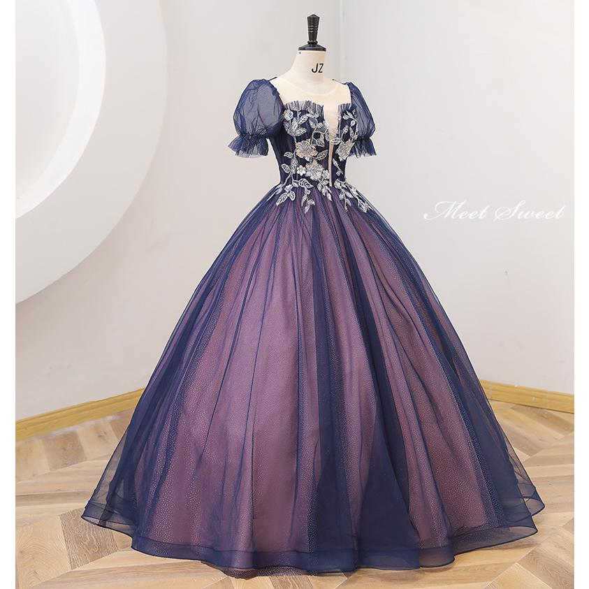 カラードレス 編み上げ ネイビー パープル ロングドレス 結婚式 二次会