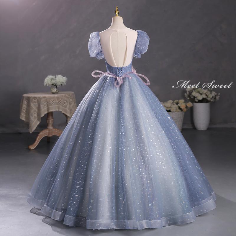 カラードレス 編み上げ ブルー 半袖 ロングドレス 結婚式 二次会 発表