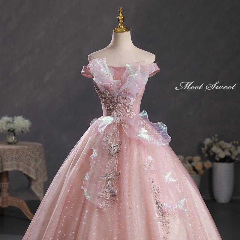 カラードレス 編み上げ ピンク オフショルダー ロングドレス 結婚式