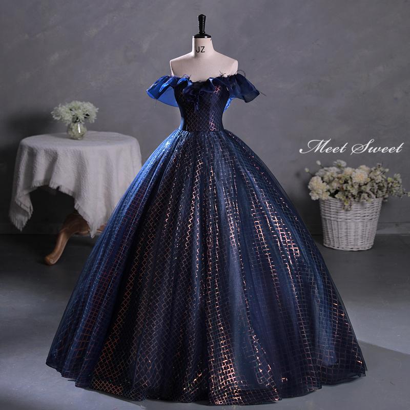 カラードレス 編み上げ ネイビー オフショルダー ロングドレス 結婚式