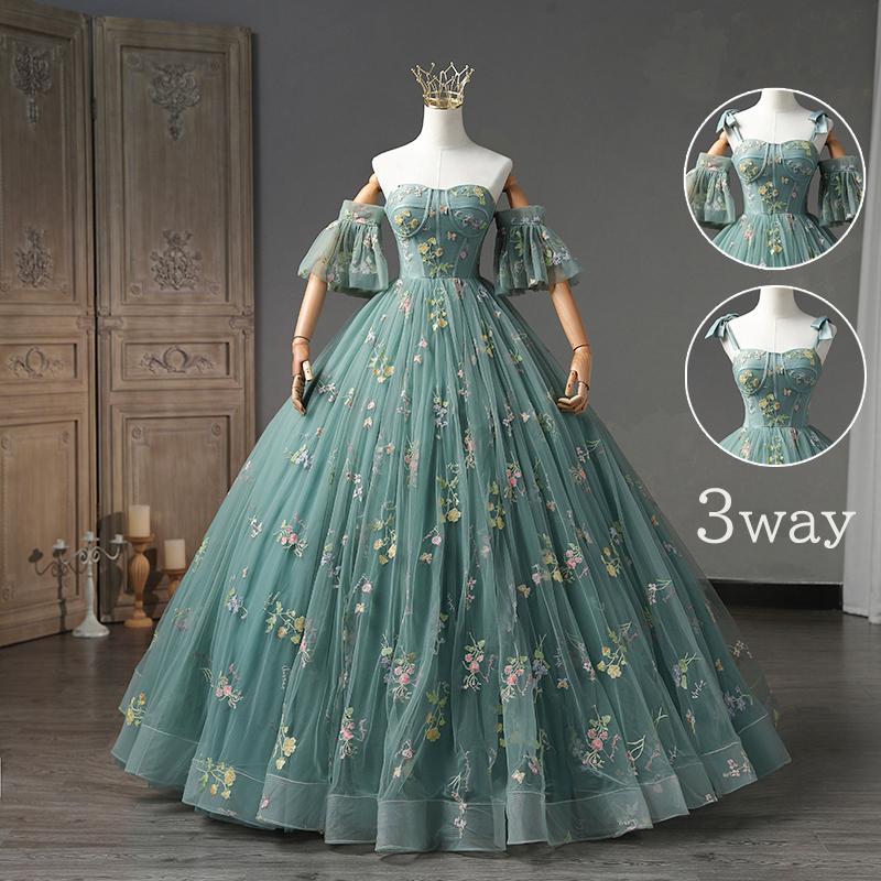 カラードレス 3way 付け袖 グリーン 編み上げ ロングドレス 結婚式  