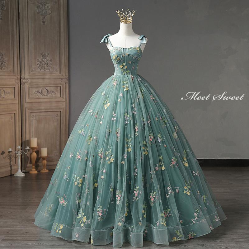 カラードレス 3way 付け袖 グリーン 編み上げ ロングドレス 結婚式  