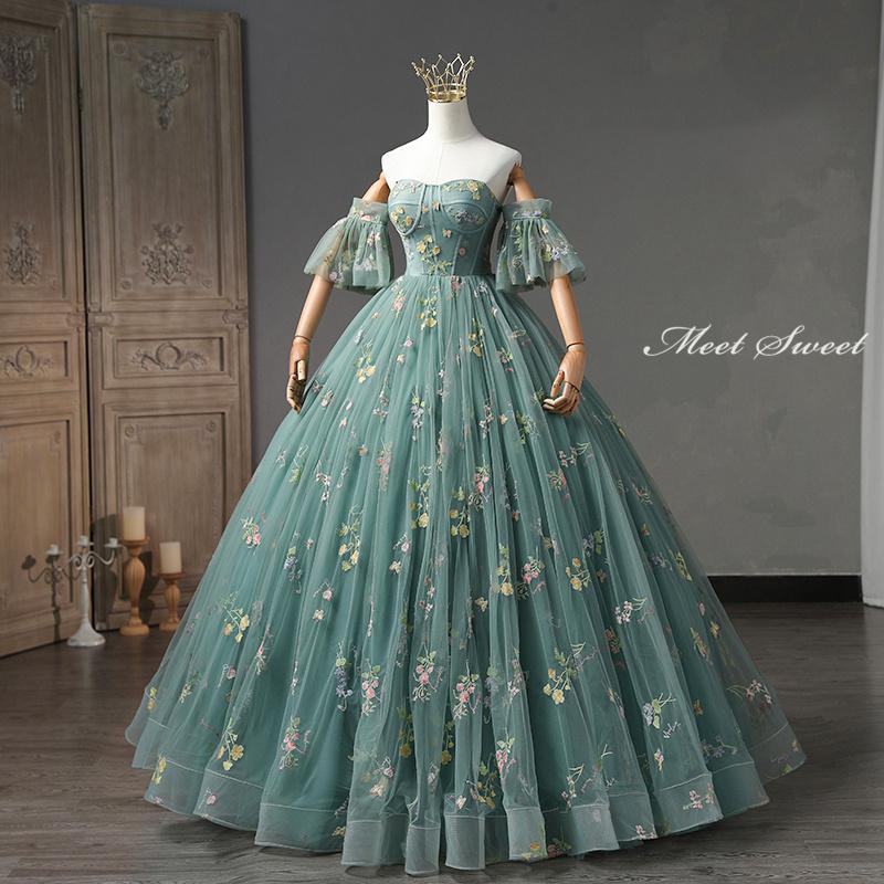 カラードレス 3way 付け袖 グリーン 編み上げ ロングドレス 結婚式  