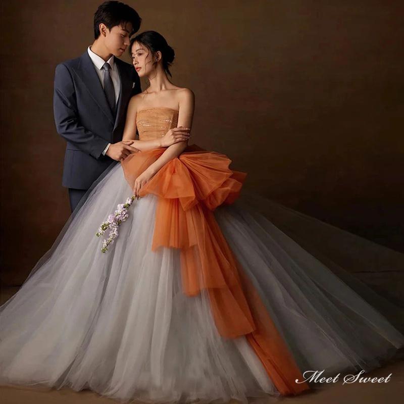 カラードレス グレー オレンジ ビスチェ ロングドレス 結婚式 二次会