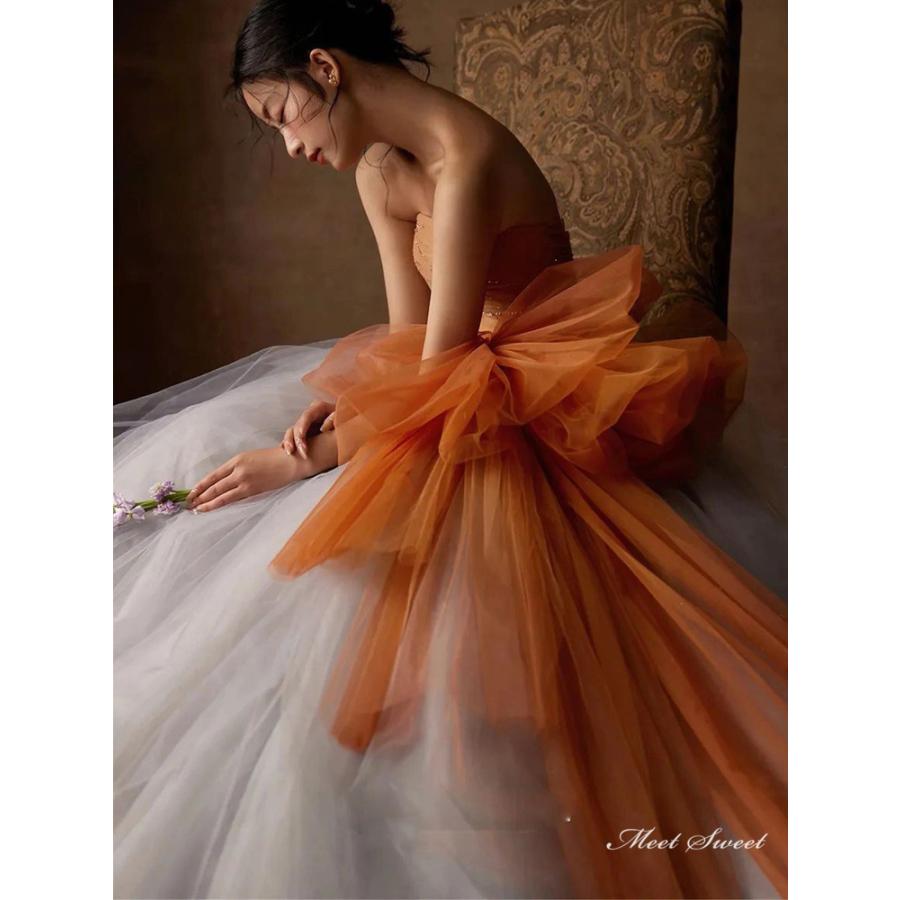 カラードレス グレー オレンジ ビスチェ ロングドレス 結婚式 二次会