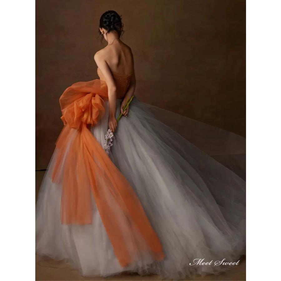カラードレス グレー オレンジ ビスチェ ロングドレス 結婚式 二次会