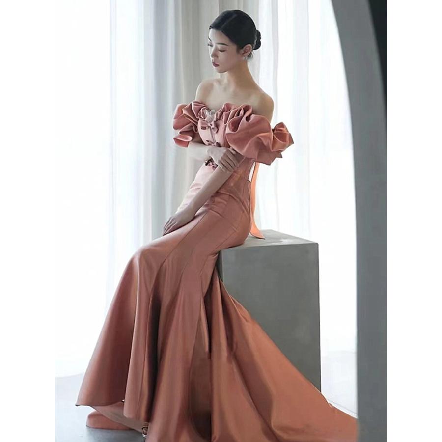 カラードレス リボン ピンク オフショルダー ロングドレス 結婚式  