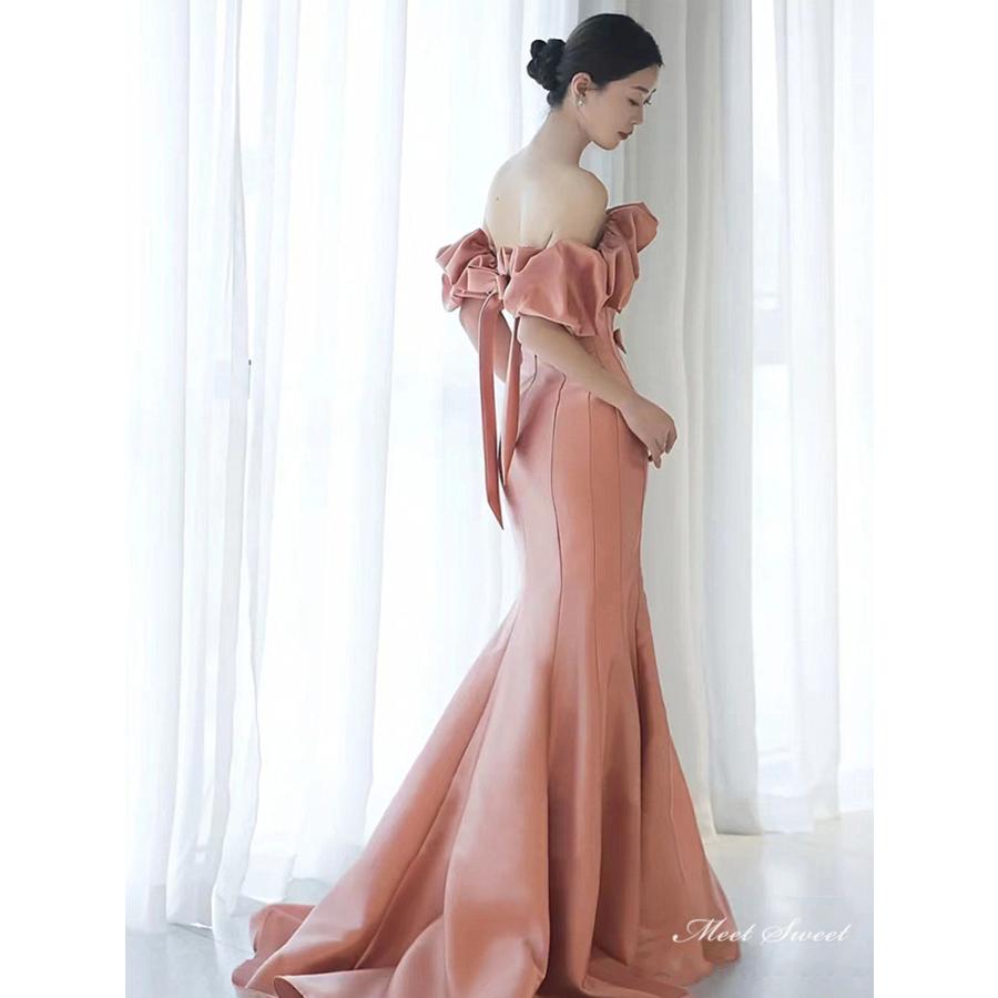 カラードレス リボン ピンク オフショルダー ロングドレス 結婚式  