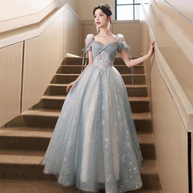 カラードレス ブルー 半袖 ロングドレス Aラインドレス 結婚式 二次会  