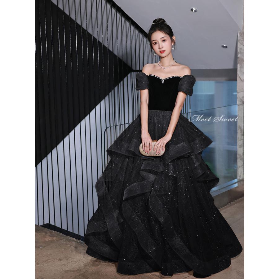 カラードレス ブラック オフショルダー プリンセスドレス 結婚式