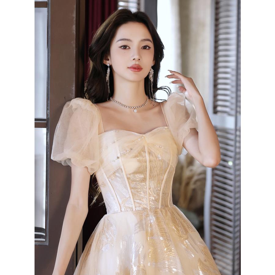 専用　　　　　シャンパン色のイブニングドレス♡パール♡半袖♡M カラードレス シャンパン 半袖 ロングドレス Aラインドレス 結婚式
