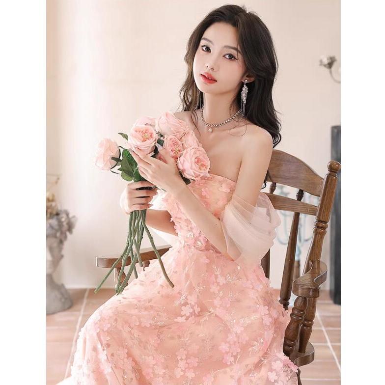 カラードレス ロングドレス ピンク フラワー オフショルダー 結婚式