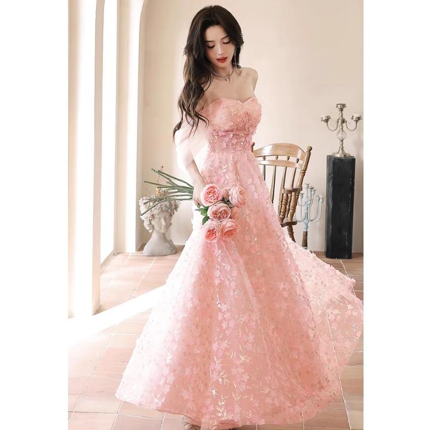 カラードレス ロングドレス ピンク フラワー オフショルダー 結婚式