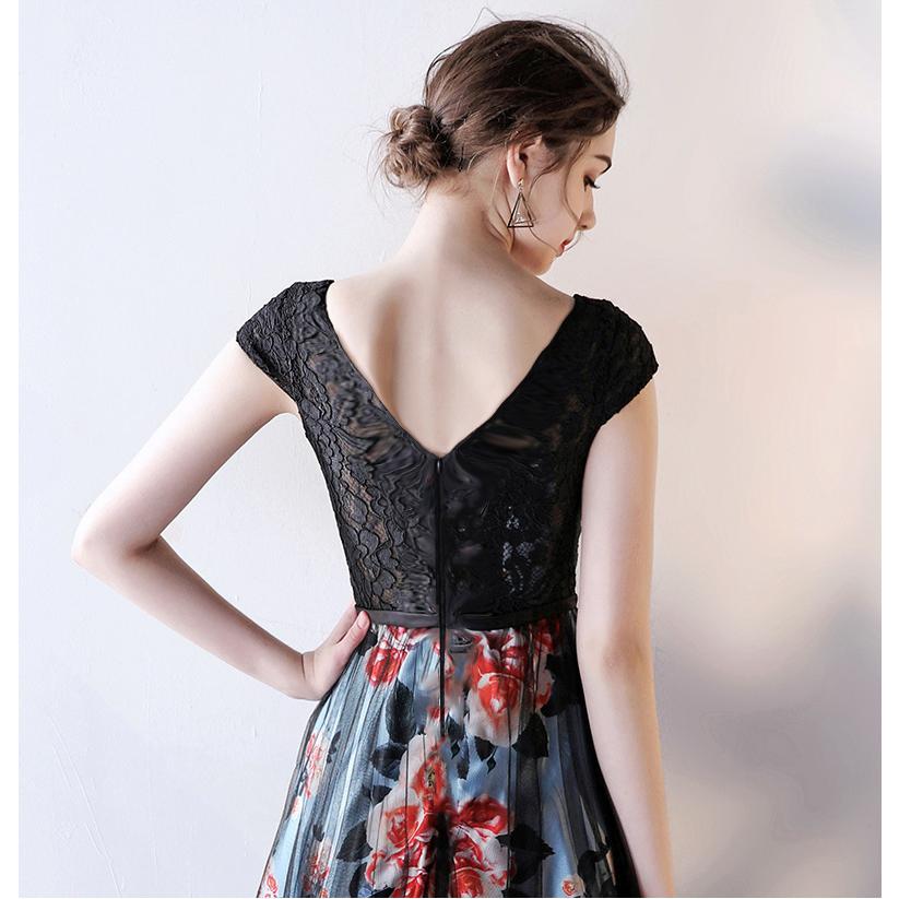 カラードレス ロングドレス ブラック 黒 花柄 半袖 編み上げ