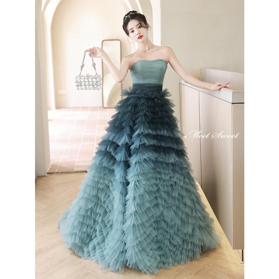 カラードレス ロングドレス ブルー 水色 フリル ビスチェ パーティー