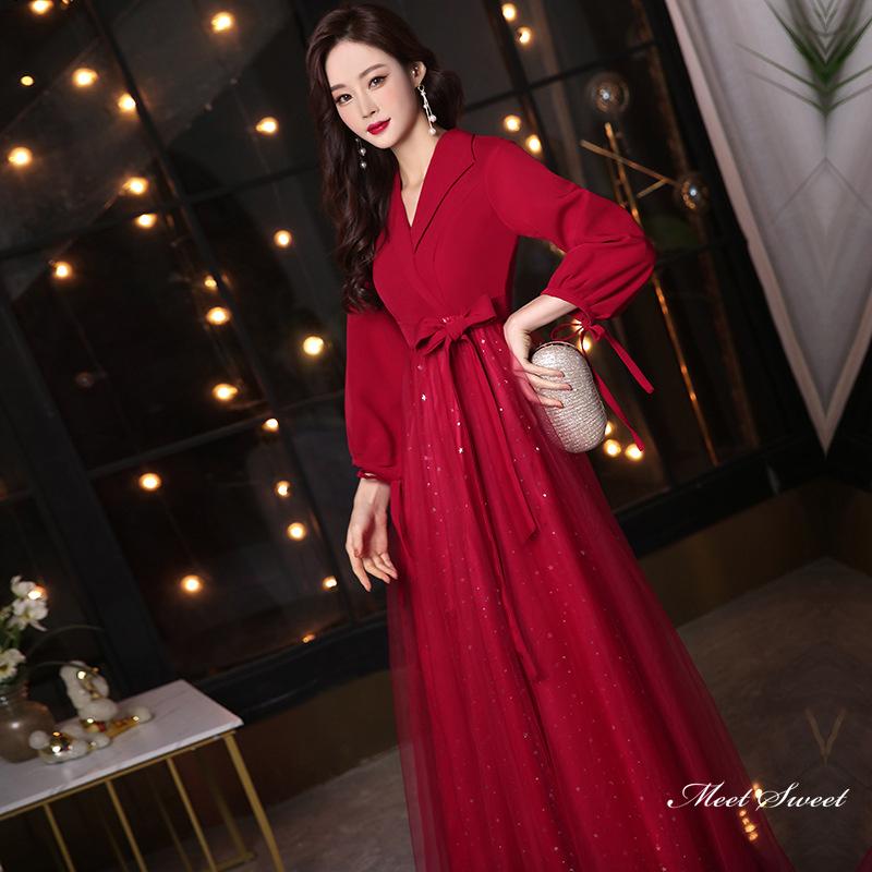 カラードレス ロングドレス パーティードレス ワインレッド Vネック 赤  
