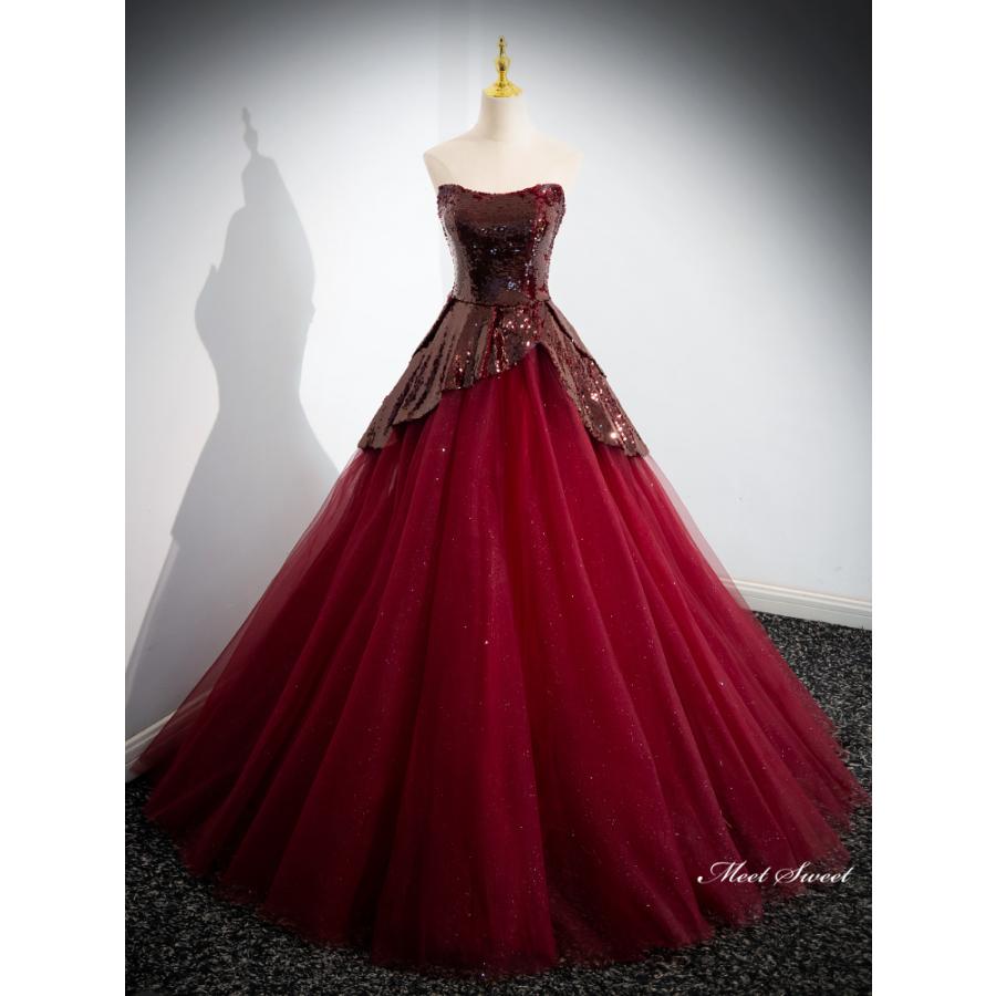 カラードレス 2way ロングドレス オフショルダー つけ袖 ワインレッド