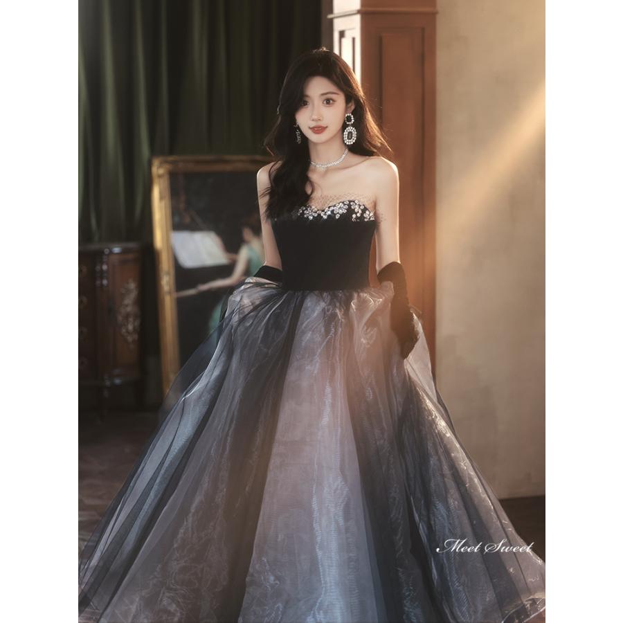 カラードレス ロングドレス Aラインドレス ビスチェ グレー ブラック