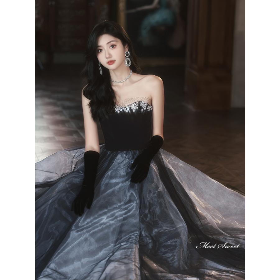 カラードレス ロングドレス Aラインドレス ビスチェ グレー ブラック