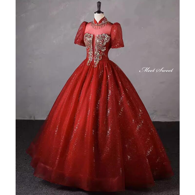カラードレス プリンセスライン レッド 半袖 ハイネック 編み上げ ロングドレス ウェディングドレス 結婚式 二次会 花嫁 前撮り 演奏会 発表会 ステージ衣装_2