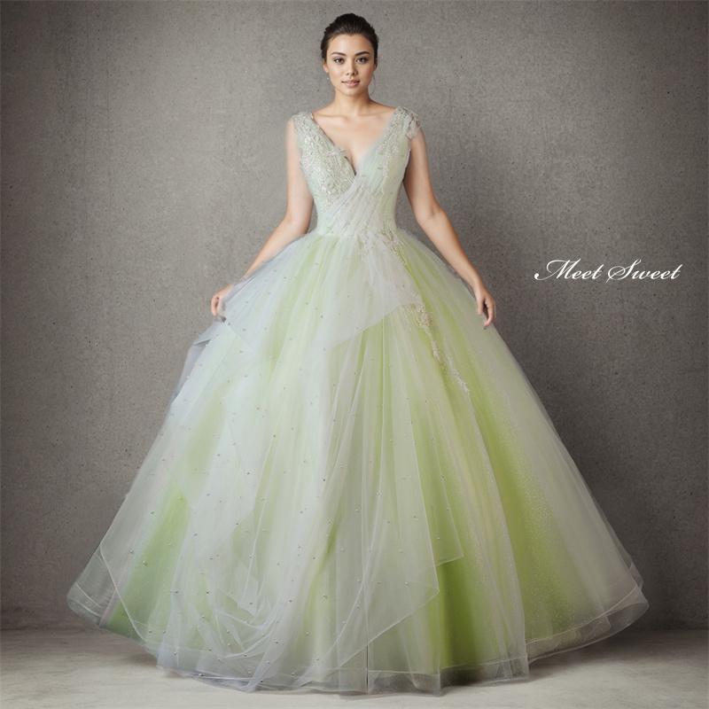 カラードレス プリンセスライン ライトグリーン 袖なし 編み上げ